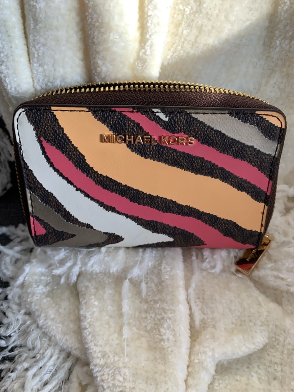 Michael Kors Multicolor Zebra Stripe Card Case - Pink, Peach, White, Gray, Black